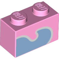 Lego Brick 1 x 2 with Medium Blue Shape/Swirl Print / Bright Pink
