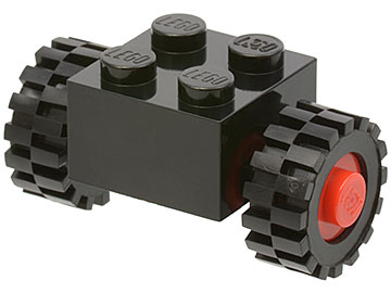 Lego Brick, Modified 2 x 2 with Red Wheels for Single Tire with Black Tires 15mm D. x 6mm Offset Tread Small (3137c01 / 3641)