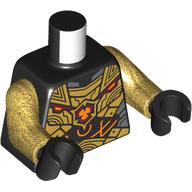 Lego Torso Armour, Gold and Dark Bluish Gray Plates with Orange and Dark Red Symbol and Circuitry print, Pearl Gold Arms, Black Hands / Black