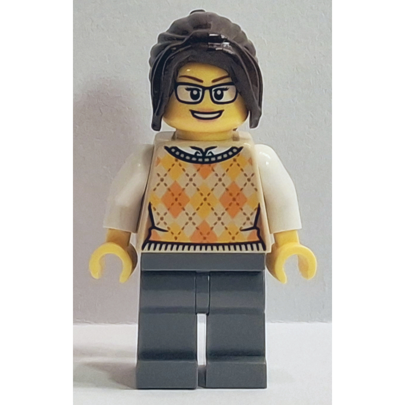 Lego Passenger, Tan Torso, Dark Bluish Grey Legs, Dark Brown Hair