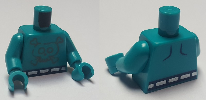 Lego Torso Trolls Flat Silver Skull with Metallic Silver Belt Pattern / Dark Turquoise Arms / Dark Turquoise Hands