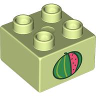 Lego Duplo Brick 2 x 2 with Watermelon Print / Yellowish Green