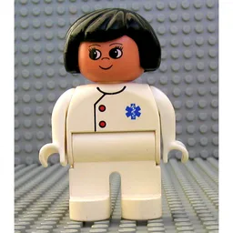 Duplo Figure, Early, Hair Bob Black, White Legs, Two Red Buttons and Blue EMT Star of Life Print / White