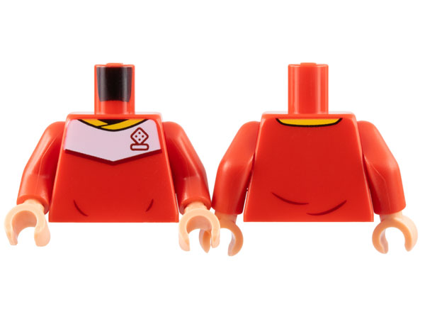 Lego Torso Soccer Uniform, Yellow Collar, White Shoulder Panel, Dark Red Dice Logo Pattern / Red Arms / Light Nougat Hands