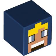 Lego Minifig Head Special, Cube, Pixelated Nougat Face, Yellow Hair, Large Blue Eyes Print / Dark Blue