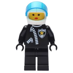 Policewoman, Black Jacket with Zipper and Badge, White Helmet with Trans-Dark Blue Visor