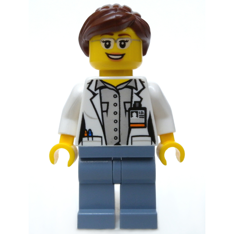 Lego Volcano Explorer Scientist, Woman, Open White Lab Coat, Sand Blue Legs, Reddish Brown Hair, Glasses