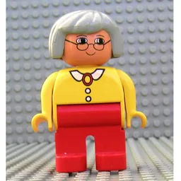 Duplo Figure, Early, Hair Bob Light Gray, Red Legs, White Collar and Pendant, Glasses Print / Yellow