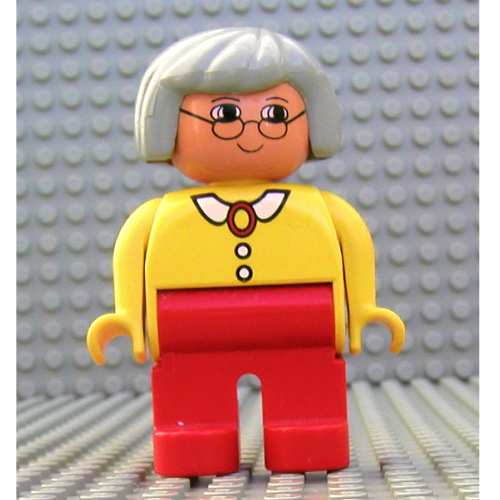 Lego Duplo Figure, Early, Hair Bob Light Gray, Red Legs, White Collar and Pendant, Glasses Print / Yellow