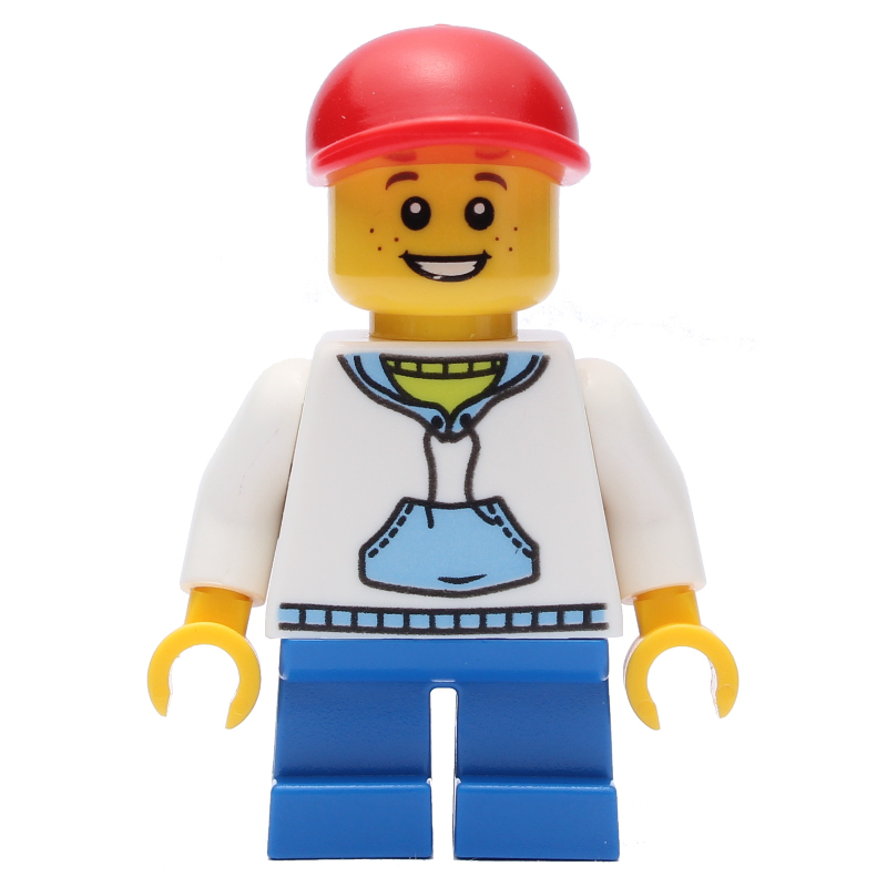 Lego Boy, White and Blue Hoodie, Short Blue Legs, Red Cap