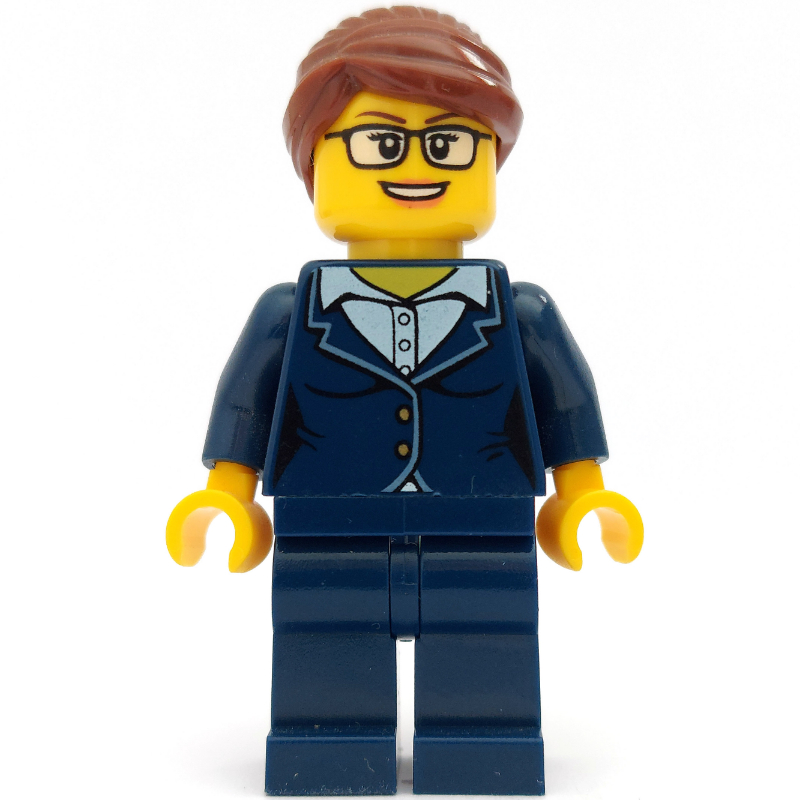 Lego Woman, Dark Blue Suit, Reddish Brown Hair, Glasses