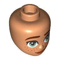 Lego Minidoll Head, Medium Nougat Eyebrows, Right Raised, Freckles, Nougat Lips, Lobsided Grin / Nougat