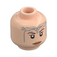 Lego Minifig Head Arwen, Dark Brown Eyebrows, Peach Lips, Silver Tiara/Markings, Neutral / Closed Eyes Smile / Light Nougat
