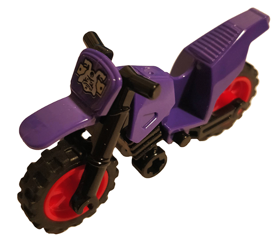 Lego Motorcycle Dirt Bike with Black Chassis (Long Fairing Mounts) and Red Wheels with White Samurai Head Pattern (Sticker) - Set 70641