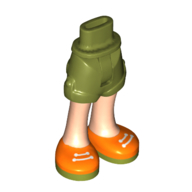 Lego Minidoll Hips and Shorts with Light Nougat Legs and Orange Shoes, Olive Green Soles, White Laces print [Thin Hinge] / Olive Green