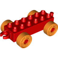 Lego Duplo Car Base 2 x 6 with Fake Bolts, Open Hitch End and Orange Wheels / Red