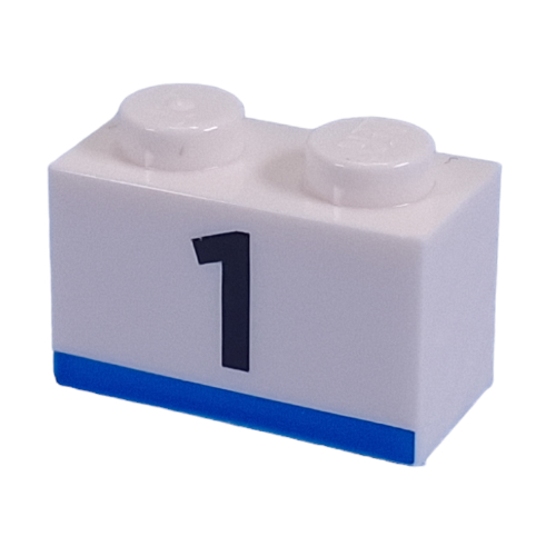 Lego Brick 1 x 2 with Black '1', Blue Stripe print / White