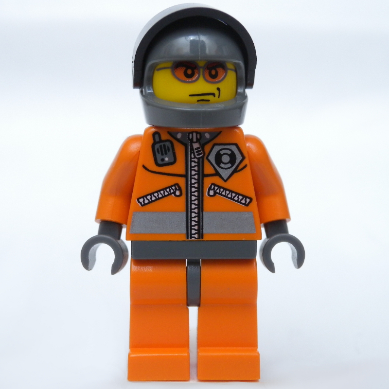 Lego Coast Guard, Orange Jumpsuit with Zipper, Radio, and Badge, Dark Gray Hands, Dark Bluish Gray Helmet with Visor, Orange Sunglasses
