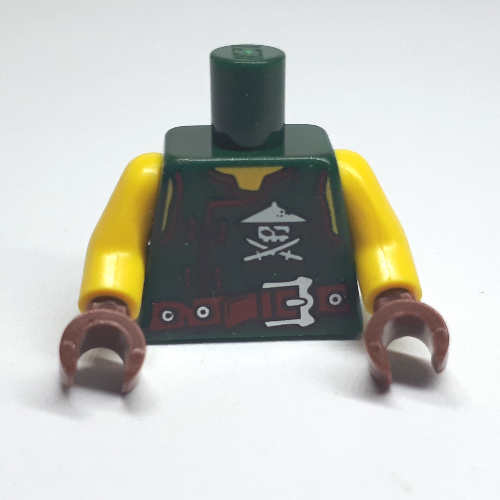 Lego Torso Tunic, Red Belt, Ninja Skull, Crossed Swords Print, Yellow Arms, Reddish Brown Hands / Dark Green