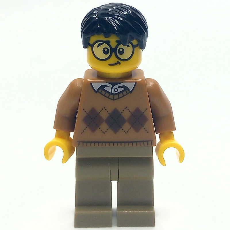 Lego Man, Medium Dark Argyle Sweater, Dark Tan Legs, Black Hair, Glasses