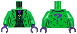 Torso Suit Jacket with Lapels over Vest with Buttons, Tie and Black Undershirt, Dark Green, Gold, and Dark Purple Question Marks Pattern / Bright Green Arms / Dark Purple Hands
