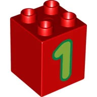 Duplo Brick 2 x 2 x 2 with Lime '1' Print / Red