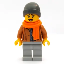 Woman, Open Medium Nougat Jacket, Light Bluish Gray Legs, Dark Bluish Gray Beanie Hat, Orange Scarf