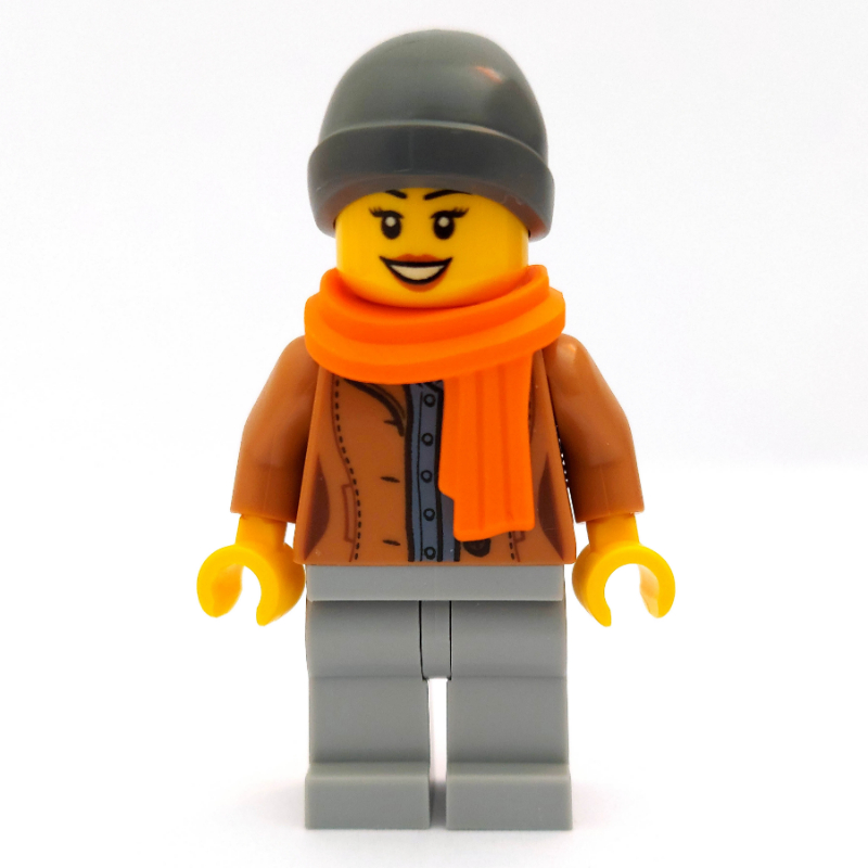 Lego Woman, Open Medium Nougat Jacket, Light Bluish Gray Legs, Dark Bluish Gray Beanie Hat, Orange Scarf