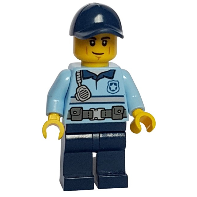 Lego Police Officer - Justin Justice - Bright Light Blue Shirt, Dark Blue Legs, Dark Blue Cap