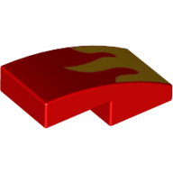 Lego Brick Curved 2 x 1 No Studs [1/2 Bow] with Yellow Flames print / Red