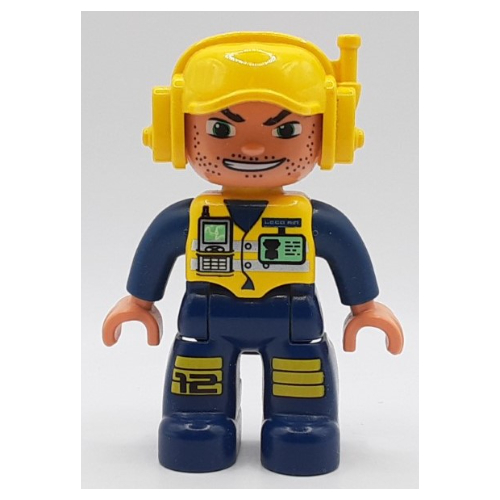 Lego Duplo Figure with Headset and Cap Yellow, with Dark Blue Arms, and Legs, Yellow Knee Pads Print, and Yellow Vest with ID Badge and Radio, Open Mouth Print / Dark Blue