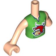 Lego Minidoll Torso with Left Limb Reduction with Light Nougat Arms and Hand with Bright Green Shirt, Reindeer with Santa Hat print / Light Nougat