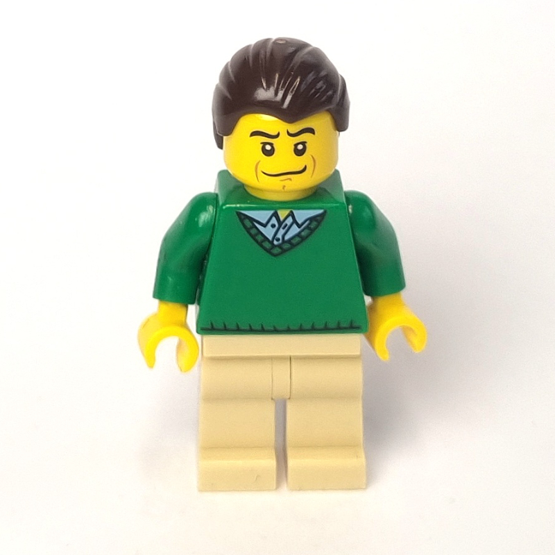 Lego Man, Green V-Neck Sweater, Tan Legs, Dark Brown Hair