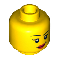 Lego Minifig Head Sharon Shoehorn / Scientist, Eyebrows, Eyelashes, Red Lips, Lopsided Smile / Scared Open Mouth with Teeth Print / Yellow