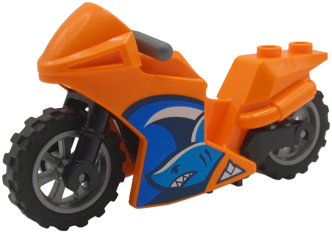 Lego Motorcycle Sport Bike with Black Frame, Flat Silver Wheels and Dark Bluish Gray Handlebars with Dark Azure Shark Pattern on Both Sides