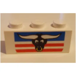Brick 1 x 3 with Bull's Head, Blue and Red Stripes Print / White