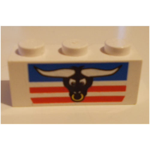 Lego Brick 1 x 3 with Bull's Head, Blue and Red Stripes Print / White