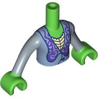 Lego Minidoll Torso with Sand Blue Dress, Dark Purple Decorations, Dark Blue Trim, Tan Shirt print, Sand Blue Arms, Bright Green Hands / Bright Green