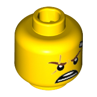 Lego Minifig Head Kai, Reddish Brown Eyebrows, Medium Nougat Scar on Right Side, White Bandage on Left Side, Open Mouth Scowl Print [Hollow Stud] / Yellow
