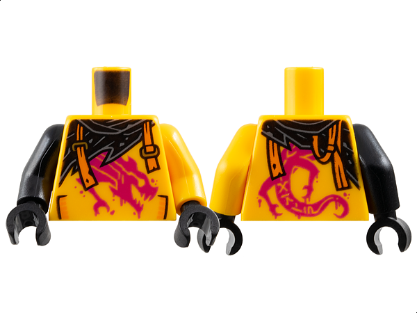 Lego Torso Shirt with Pockets and Painted Magenta Dragon, Black Tattered Scarf, Orange Broken Suspenders with Gold Slides Pattern / Bright Light Orange Arm Left / Black Arm Right / Black Hands