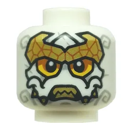 Minifig Head Loyalist, Yellow/Orange Eyes, Light Bluish Grey Markings, Gold Tiara, Sharp Teeth, Neutral / Fangs / White