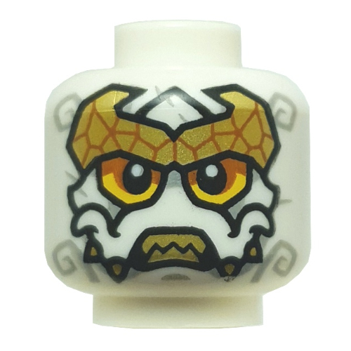 Lego Minifig Head Loyalist, Yellow/Orange Eyes, Light Bluish Grey Markings, Gold Tiara, Sharp Teeth, Neutral / Fangs / White