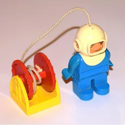 Duplo Figure, Early, Diving Helmet White, Blue Legs, with Attached 'Hose' and Red Reel / Blue