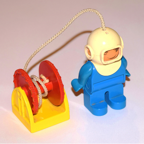 Lego Duplo Figure, Early, Diving Helmet White, Blue Legs, with Attached 'Hose' and Red Reel / Blue