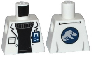 Lego Torso Lab Coat with Pocket and ID Badge over Black Sweater, Jurassic World Logo on Reverse Pattern