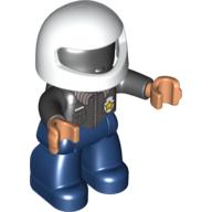 Lego Duplo Figure with Helmet White, with Dark Blue Legs, Black Top with Police Badge, Black Arms, Nougat Hands / Black