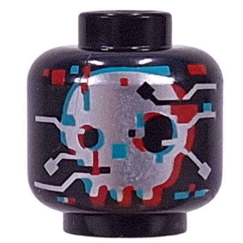 Lego Minifig Head D-Shock, Silver Skull with Red/Dark Turquoise Distortion, Circuitry / Black