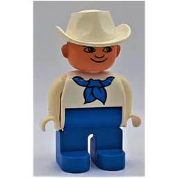 Duplo Figure, Early, Cowboy Hat White, Blue Legs, Blue Scarf Print / White