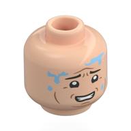 Lego Minifig Head Dennis Nedry, Black Eyebrows, Cheek Lines, Worried, Bright Blue Water Splotches / Scared, Dark Blue Venom Splotches / Light Nougat