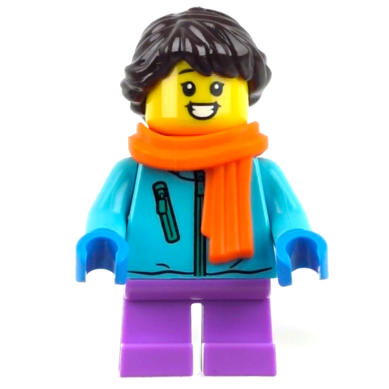 Lego Girl, Medium Azure Jacket, Medium Lavender Legs, Orange Scarf, Dark Brown Hair